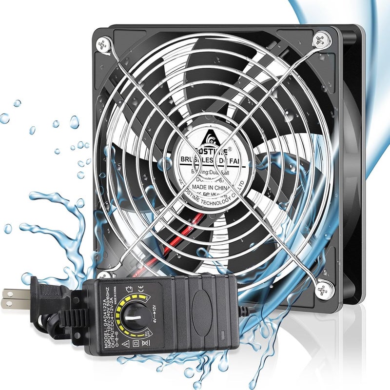 GDSTIME 120mm Waterproof Fan with Speed Controller, IP67 12V Computer Fan with AC Plug, 110V 120V 220V AC Powered Ventilation Exhaust Fans for Receiver Terrarium Biltong Box Grow Tent Cabinet Cooling - Image 1